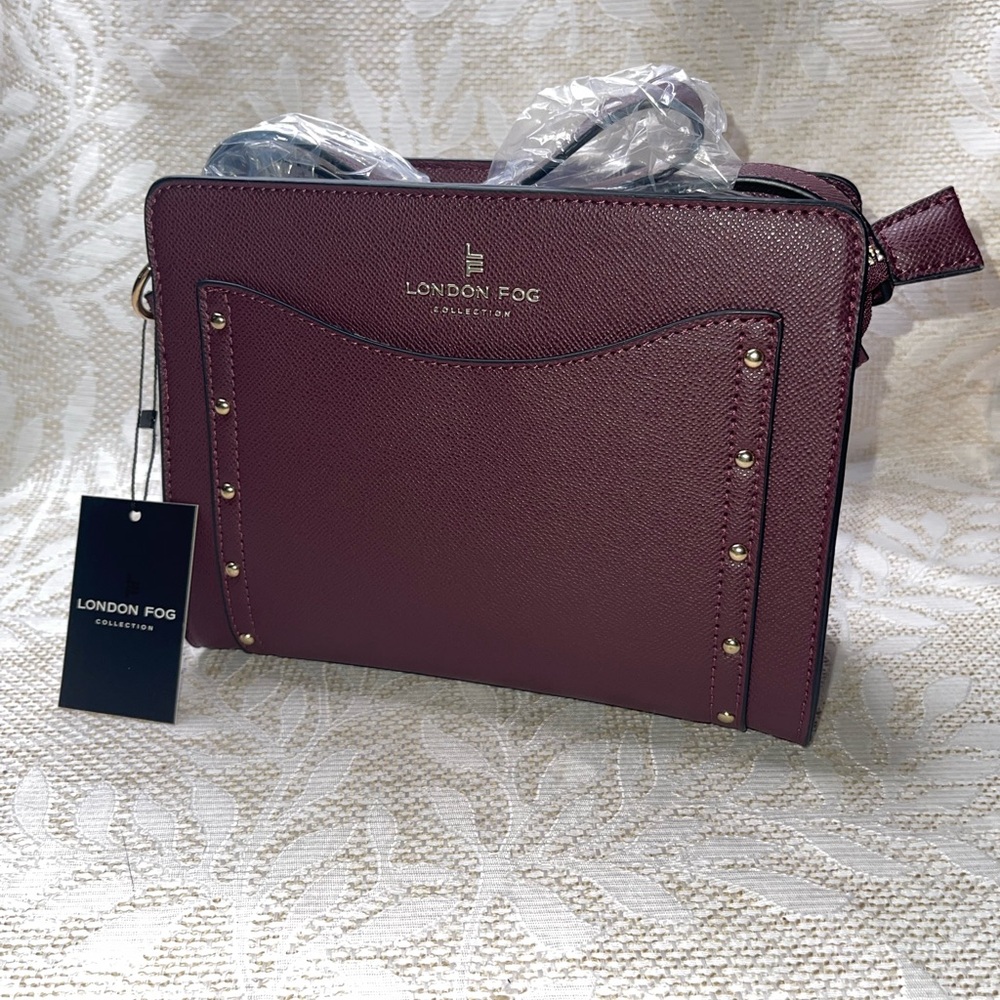 London Fog Taylor Studded Crossbody Bag Purse in Plum NWT